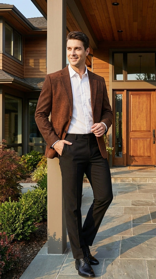 Men’s Zacchi Brown Textured Blazer – Classic Single Button Sport Coat with Notch Lapel Formal Jacket