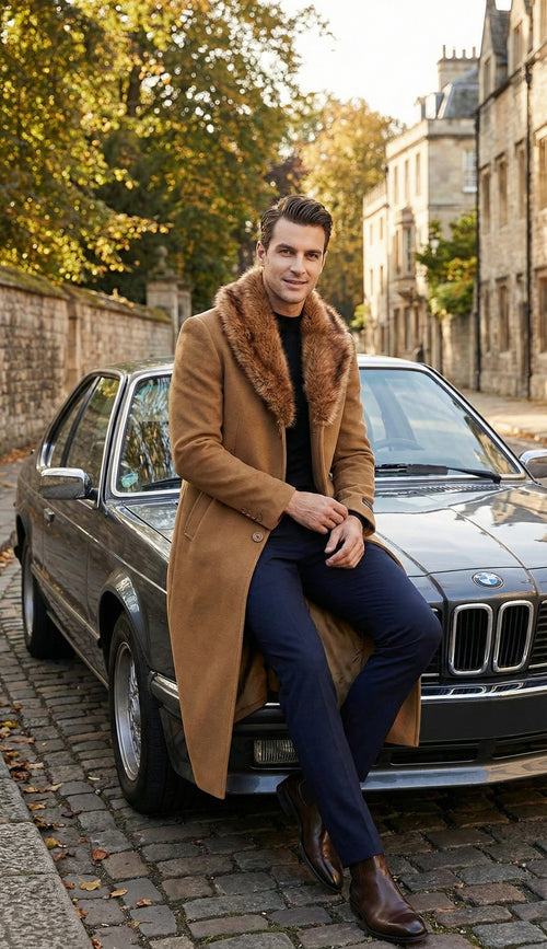 Men's Camel Brown Long Overcoat with Faux Fur Collar, Classic Winter Topcoat for Formal and Business Wear