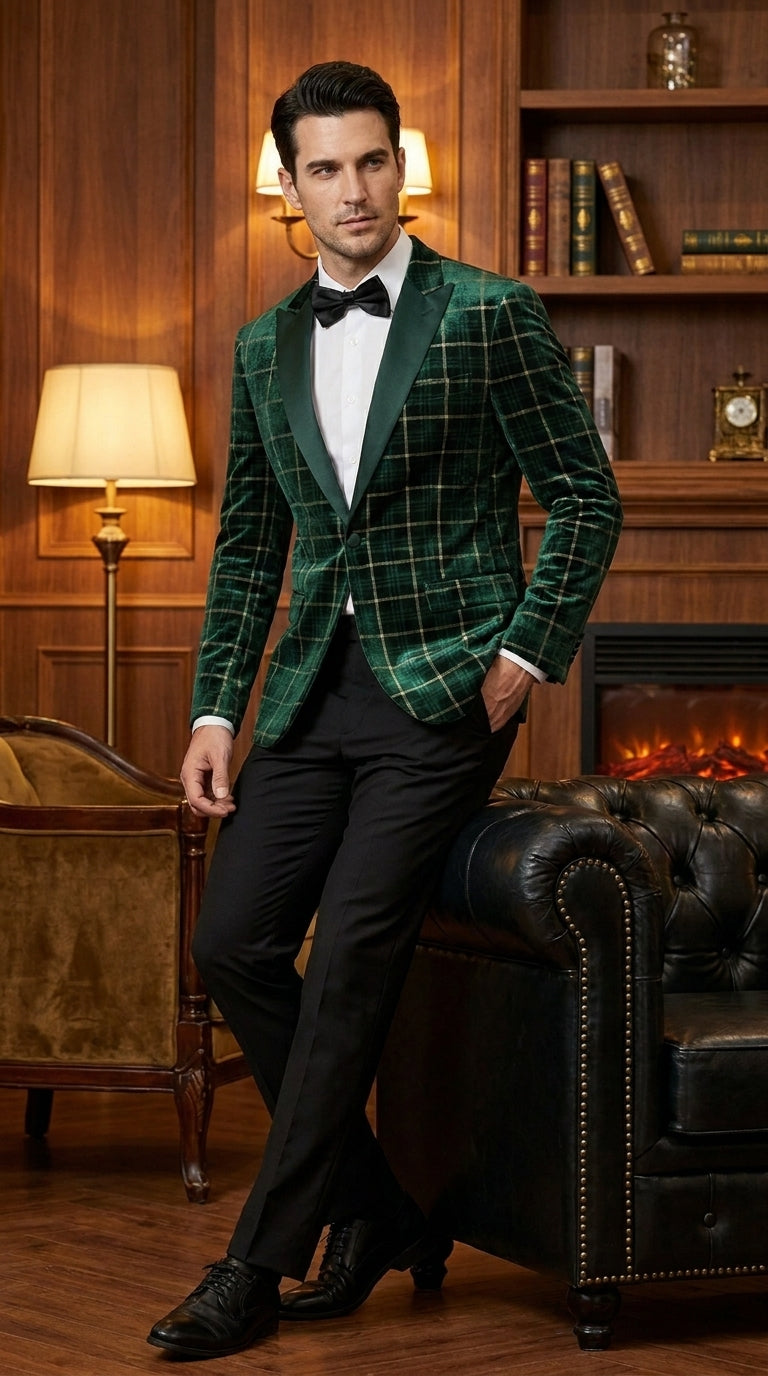 Men’s Green and Gold Plaid Christmas Holiday Blazer – Classic Check Party Jacket for New Year, Wedding and Festive New Year event