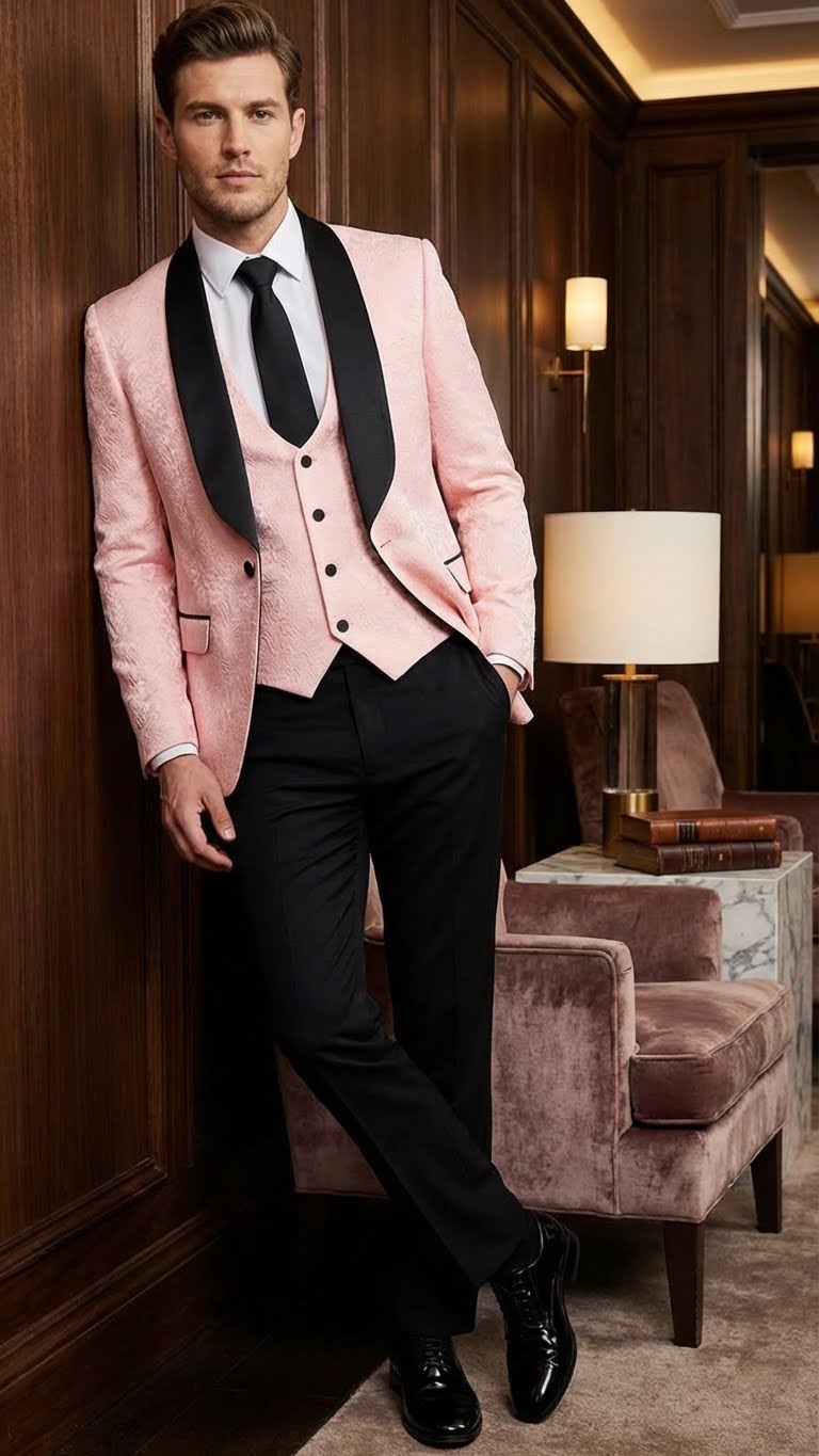 Men's tuxedo suit set: blush pink textured jacket, black shawl lapel, matching vest, black flat-front trousers. Single-button closure, black pocket trim. Completed with shiny black dress shoes.