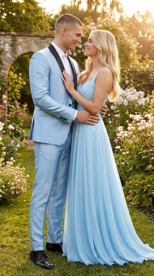 Men’s Light Blue Shiny 3 Piece Suit with Black Shawl Lapel | Formal Wedding Prom Suit - Sateen Sharskin Suit