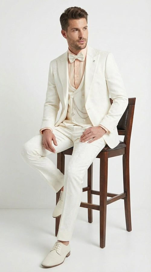 Vinci Men’s Ivory Three Piece Suit – Ivory 3PC Formal Wedding Suit for Groom, Prom and Black Tie Events