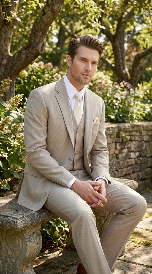 Men’s Tan Pinstripe Three Piece Suit – Classic Fit Pleated Pants Tan Sand Beige Wedding, Church Shadow Ton on Tone Business Suit for Men