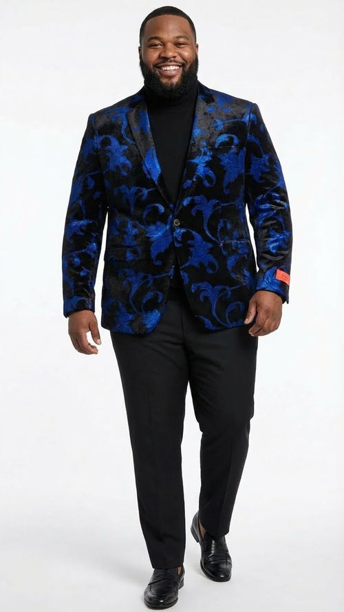 Men’s black and royal blue patterned blazer features a floral design with a glossy finish. The blazer has a single button closure and two front pockets, constructed from soft fabric.
