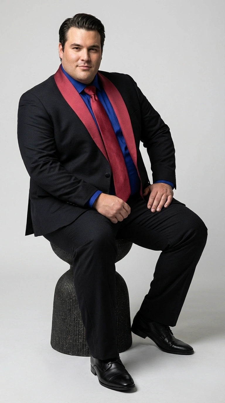 Men’s Black Suit with Burgundy Shawl Lapel – Formal Tuxedo Suit for Wedding, Prom and Evening Events + Bowtie & Tie