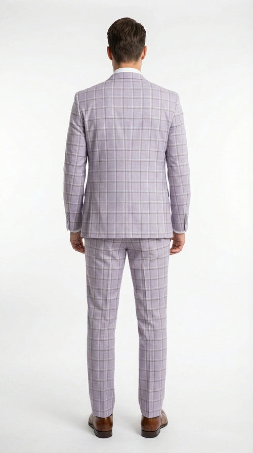 Men’s Lilac Lavender Windowpane Check 3 Piece Suit – Lilac Plaid Formal Suit with Vest for Wedding, Prom and Business Events