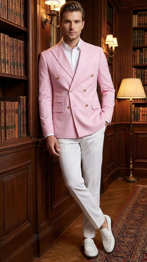 Men's light pink double-breasted blazer showcases a structured silhouette with wide lapels, featuring gold buttons and two front pockets. The fabric appears smooth and tailored.