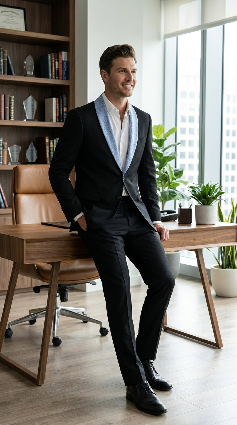 Men’s Black Suit with Light Blue Lapel – Modern Formal Tuxedo Style Suit for Wedding, Prom, Party and Sky Powder Blue Color