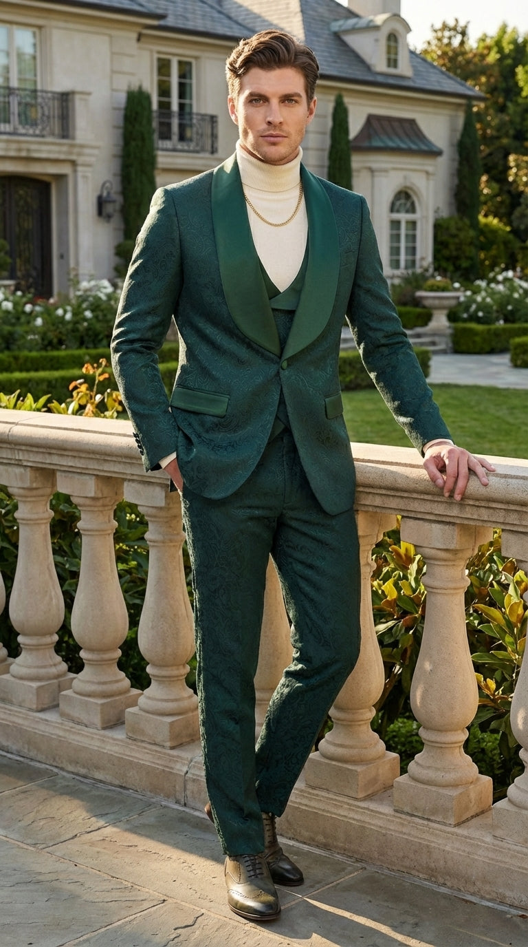 Mens Hunter Green Wedding Tuxedo Suit – Paisley Pattern Three Piece Formal Suit Set with Shawl Lapel for Groom, Prom in Emerald green