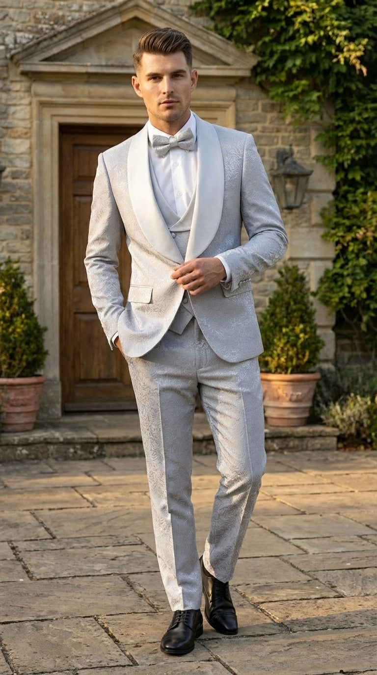 Mens Light Silver Wedding Tuxedo Suit – Paisley Fabric Three Piece Formal Suit Set with Shawl Lapel for Groom, Prom, Gala and ice Grey