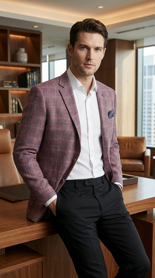 Mens Dusty Rose Mauve Pink with Tint of Blue Plaid Sport Coat Blazer ā Classic Check Pattern Casual Blazer Jacket for Business Casual, Wedding