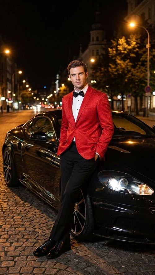 Red paisley velvet blazer with tailored fit, defined lapel, and single-button closure. Features intricate patterns. Paired with a black bow tie and trousers for a formal, luxurious look.