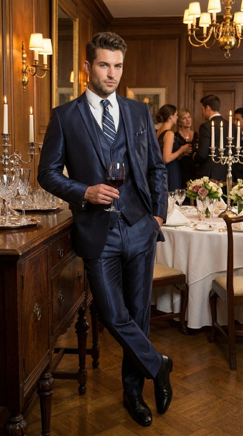 Men’s Navy Blue Sharkskin 3 Piece Suit – Two Button Vested Shiny Formal Suit for Wedding, Prom, Business and Party Wear