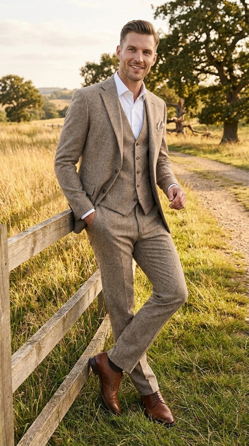 Men’s Light Beige Herringbone Tweed Suit with Vest – Classic Three Piece Formal Suit, Vintage Business Wedding Outfit, Elegant Smart Casual Attire