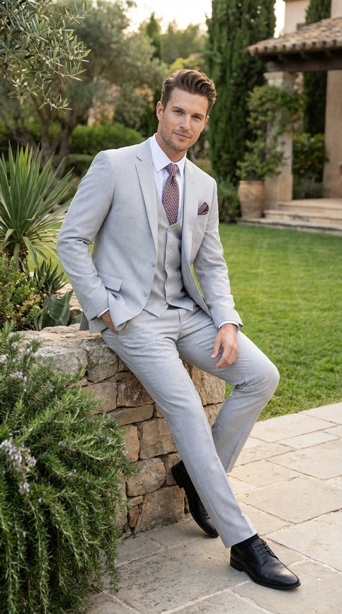 Men’s Light Grey Sharkskin 3 Piece Suit – Two Button Vested Modern Formal Business Suit for Wedding in silver Ice Gray