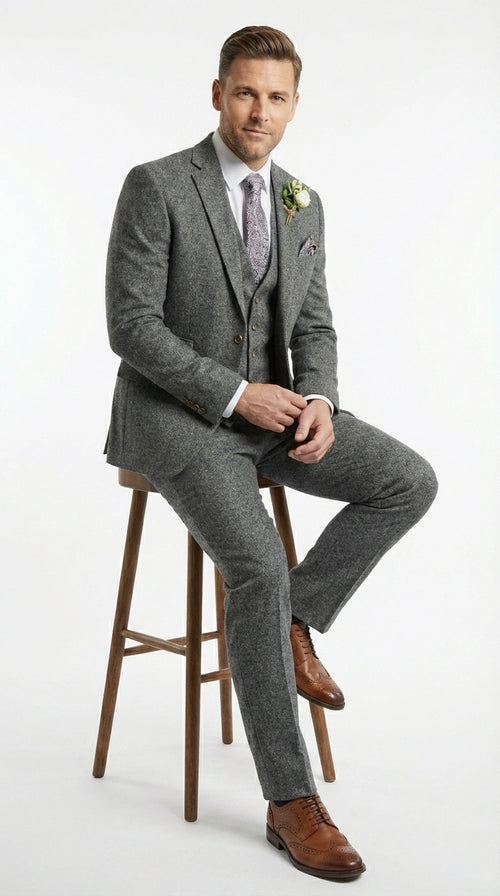 Men’s Peaky Blinder Light Grey Tweed Suit with Vest – Classic Three Piece Formal Suit, Vintage Wedding Business Outfit