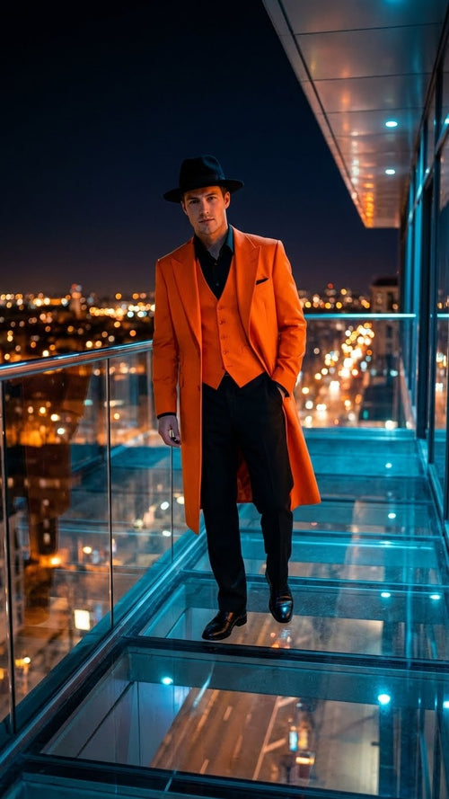 Orange zoot suit Halloween costume for men. Includes long coat, vest, black shirt, pants, and hat. Smooth fabric, tailored fit, elongated coat, and straight-cut pants.
