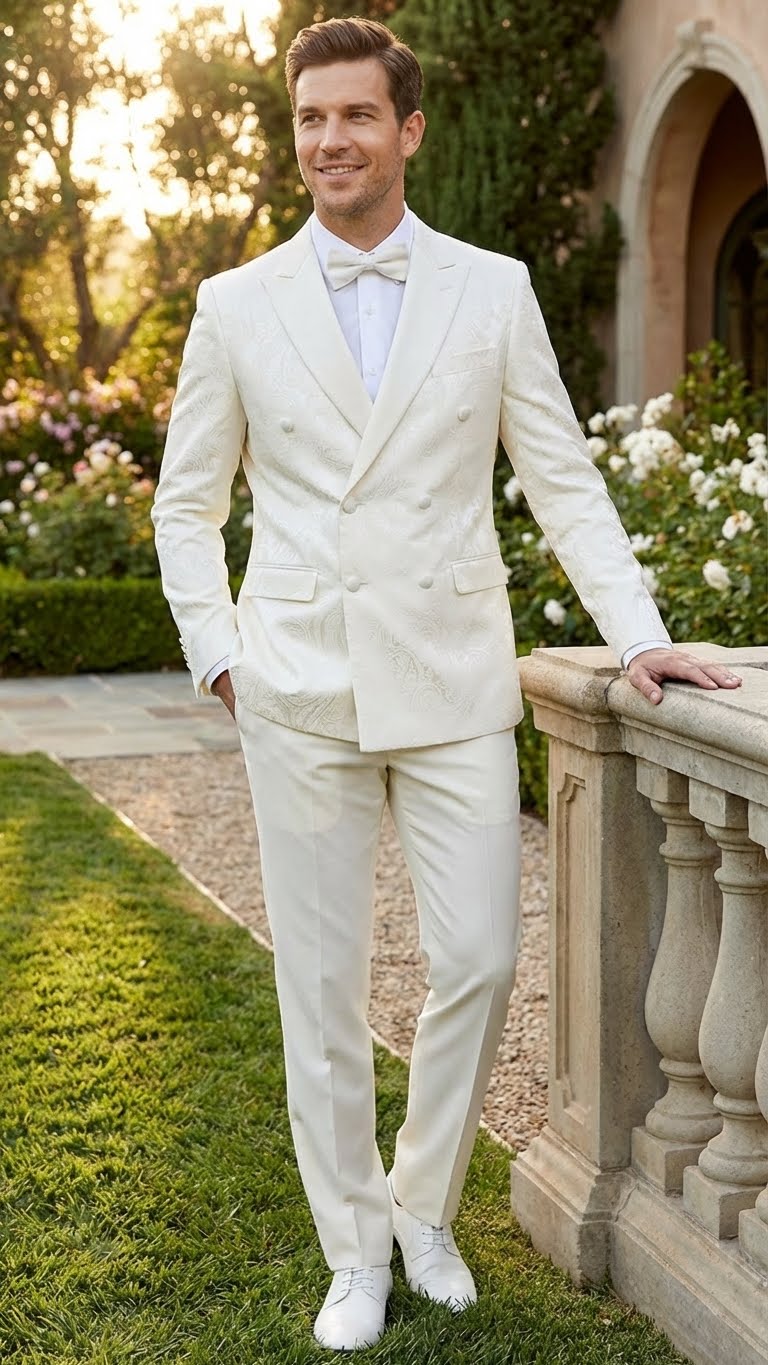 Alberto Nardoni ivory double-breasted tuxedo jacket. Structured silhouette, broad shoulders, tailored fit. Smooth fabric with subtle sheen, embossed floral patterns. Classic double-breasted front, peak lapels. Paired with matching trousers.