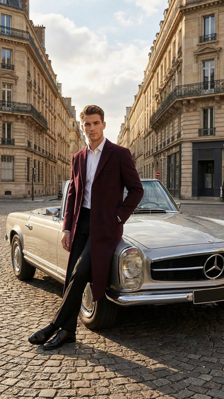Men's burgundy long coat. Classic fit, tailored wool blend. Smooth texture, straight silhouette, knee-length. Simple lapel collar, front pockets, button closure. Solid color.