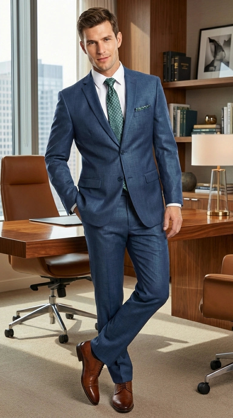 Men’s Indigo Blue Sharkskin Suit – Textured Shiny Formal Suit for Wedding, Business, 2 Buttons Slim Fitted
