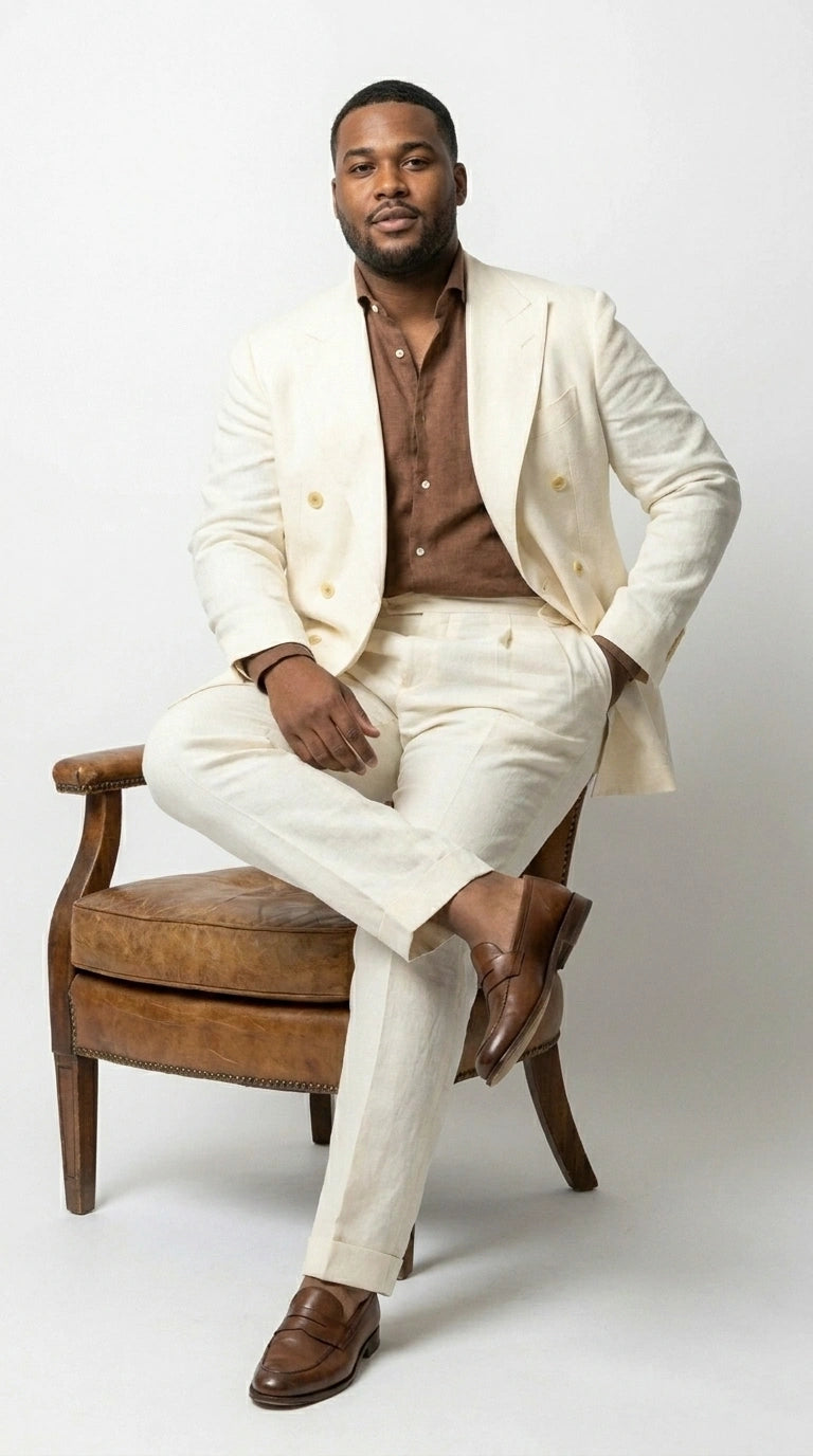 Men’s Off White 70s Style Double Breasted Suit – Vintage Retro Wide Lapel Classic Outfit for Party, Wedding and Casual Fashion Wear