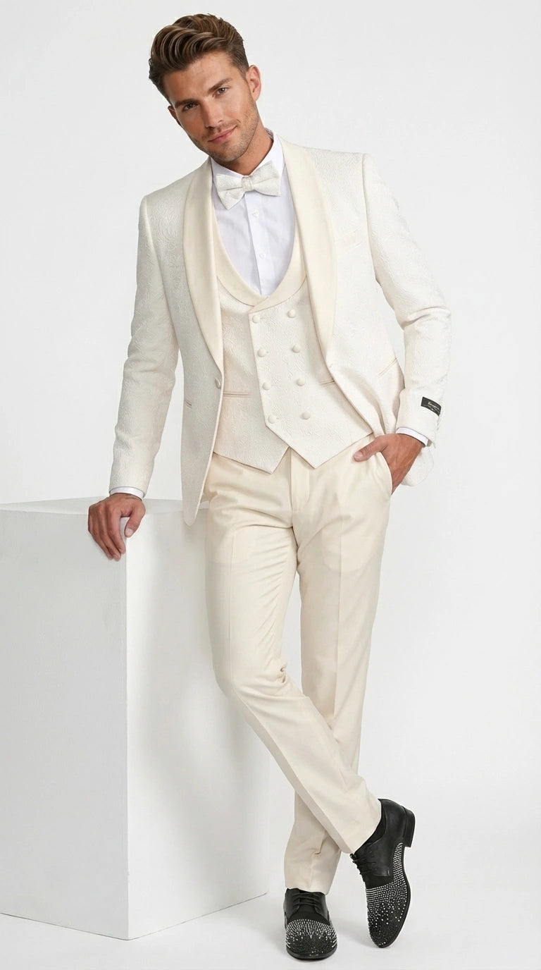 Men’s Ivory Paisley Tuxedo Suit 3 Piece – One Button Vested Satin Formal Suit for Wedding in Off white Cream Color