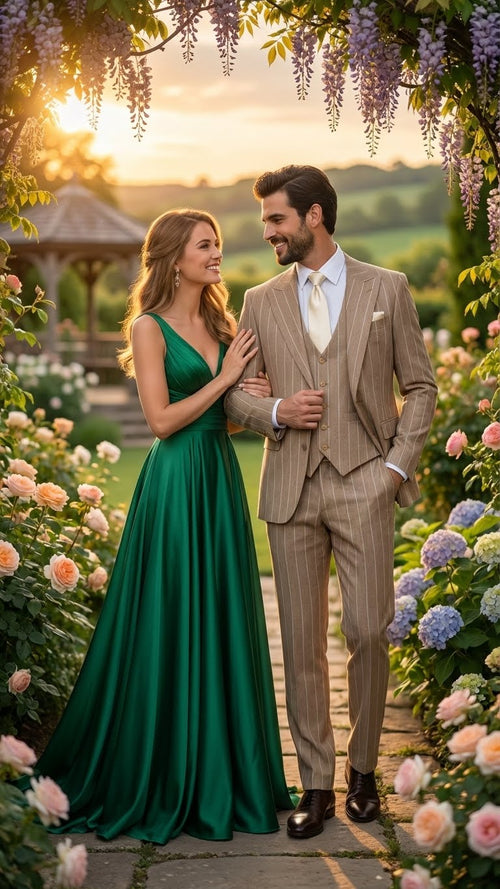 Men's beige pinstripe three-piece suit: fitted jacket, waistcoat, and tailored trousers. Light beige fabric with subtle pinstripes. Formal look with structured waistcoat.