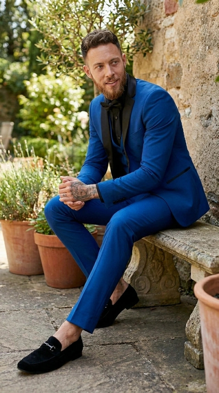 Men’s Royal Blue 3 Piece Suit with Black Lapel – Modern Formal Suit for Wedding, Prom and Party Wear