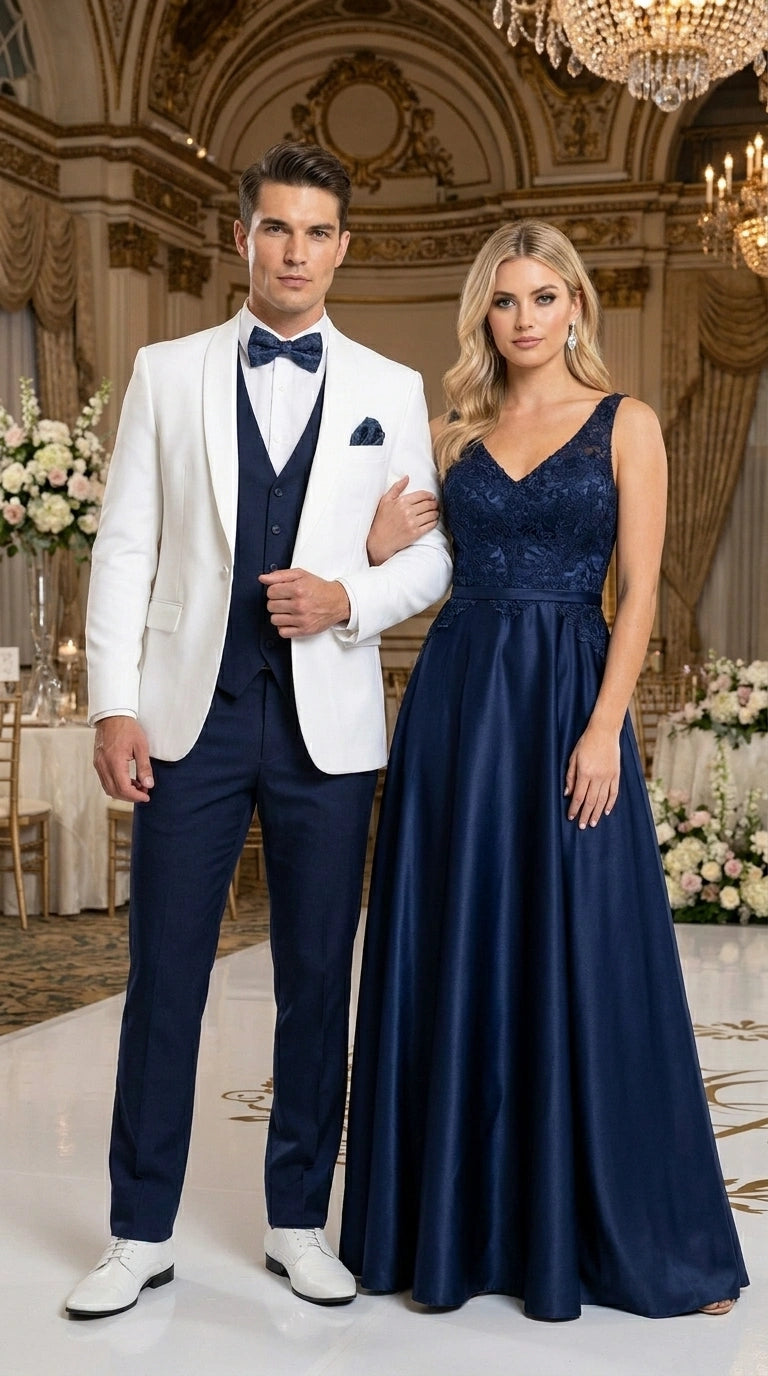 Men’s White and Navy blue tuxedo 3 Piece Suit – Classic White Blazer with Navy Vest and Pants for Wedding, Party + Bowtie