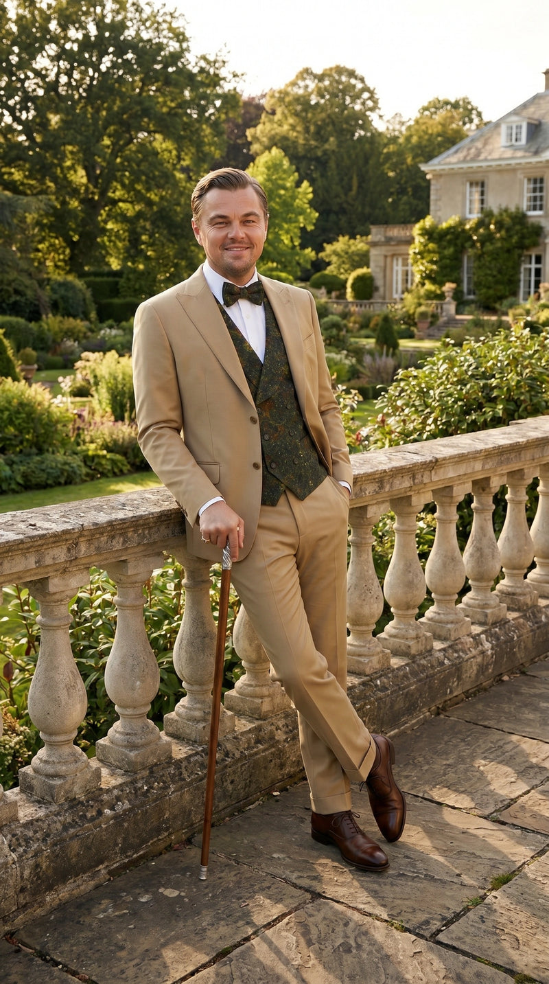 Men’s Khaki 3 Piece Suit with Patterned Vest, Great Gatsby Inspired Formal Suit for Weddings, Mardi Gra in Tan Camel Color