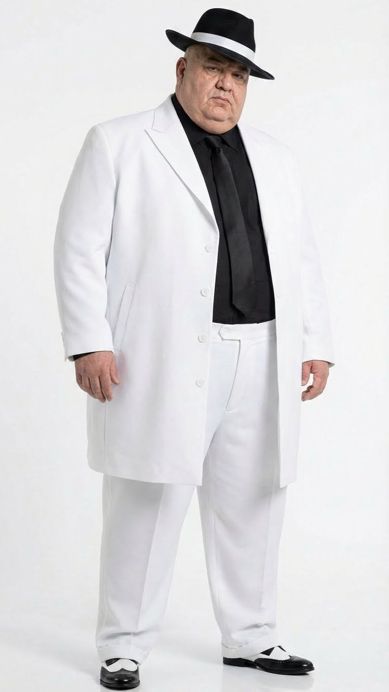 Men's white zoot suit features a long white jacket with a relaxed fit, a black tie, and matching white trousers. The outfit is complemented by black and white shoes.