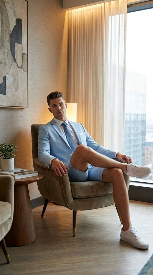 Men’s Light Blue Suit with Shorts – Casual Summer Blazer and Shorts Set for Wedding, Party and Smart Casual Wear