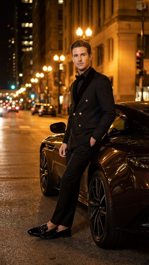 Alberto Nardoni men's black tuxedo: double-breasted, tailored silhouette. Features peaked lapels, fitted waist, and slim-fit trousers. Solid black, smooth finish. Worn with a black shirt.