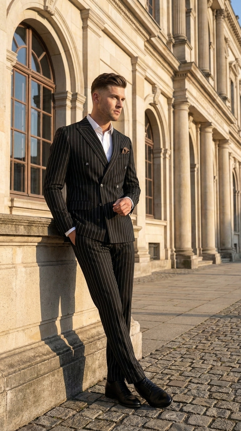 Men's Black Pinstripe Tuxedo Suit ā Classic & 1920s Gangster Formal Wear Vintage 1940s 1930s Look