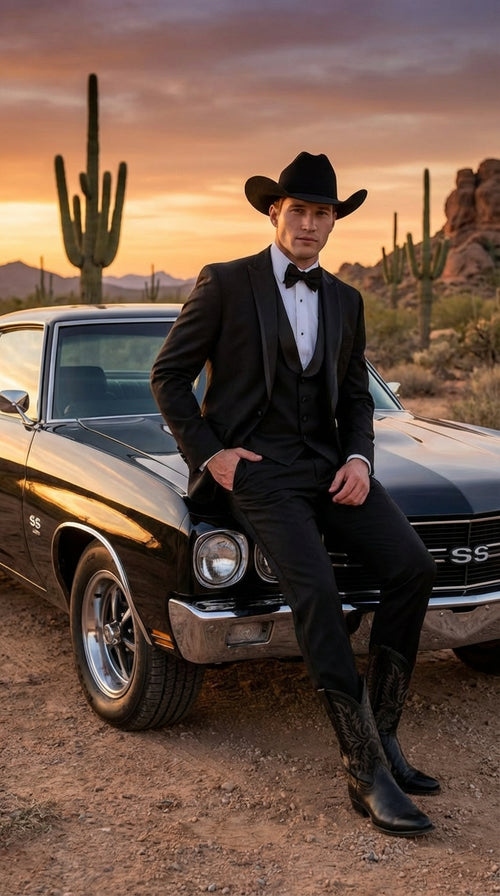Black Western Tuxedo for Men | Classic Three Piece Formal Wedding Peak Lapel with Trim Collar Cowboy Suit