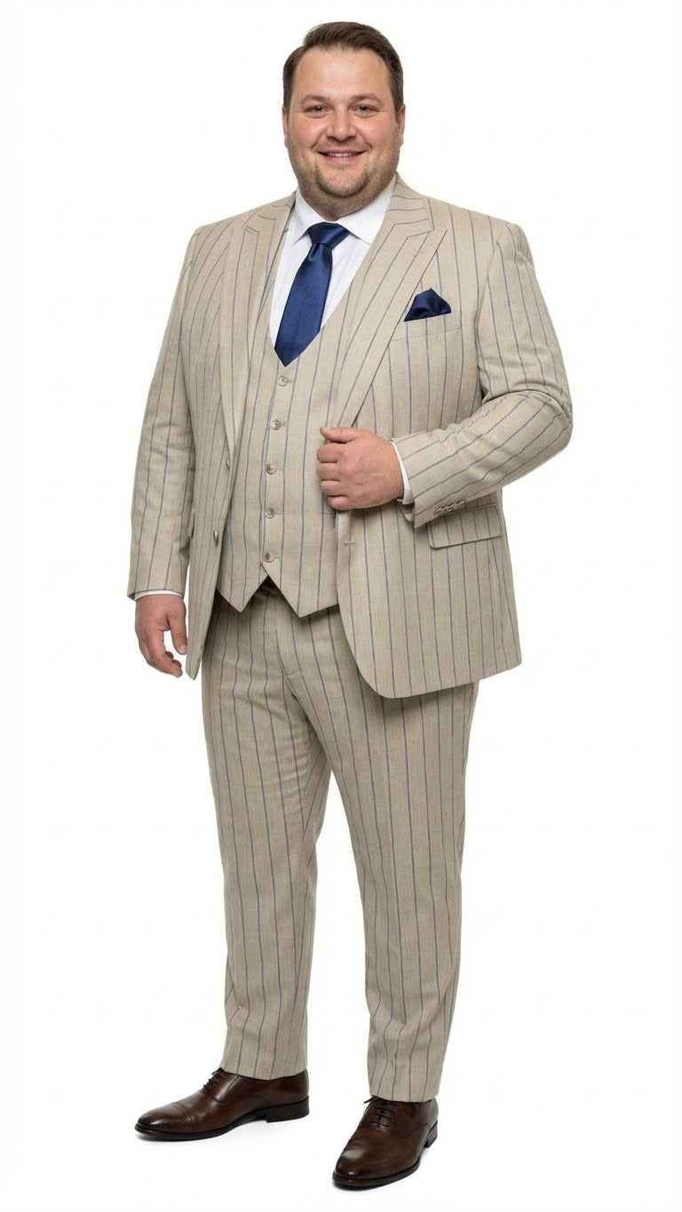 Beige men's three-piece suit with blue pinstripes. Lightweight fabric, tailored jacket with notched lapel, matching vest, and straight-cut trousers.