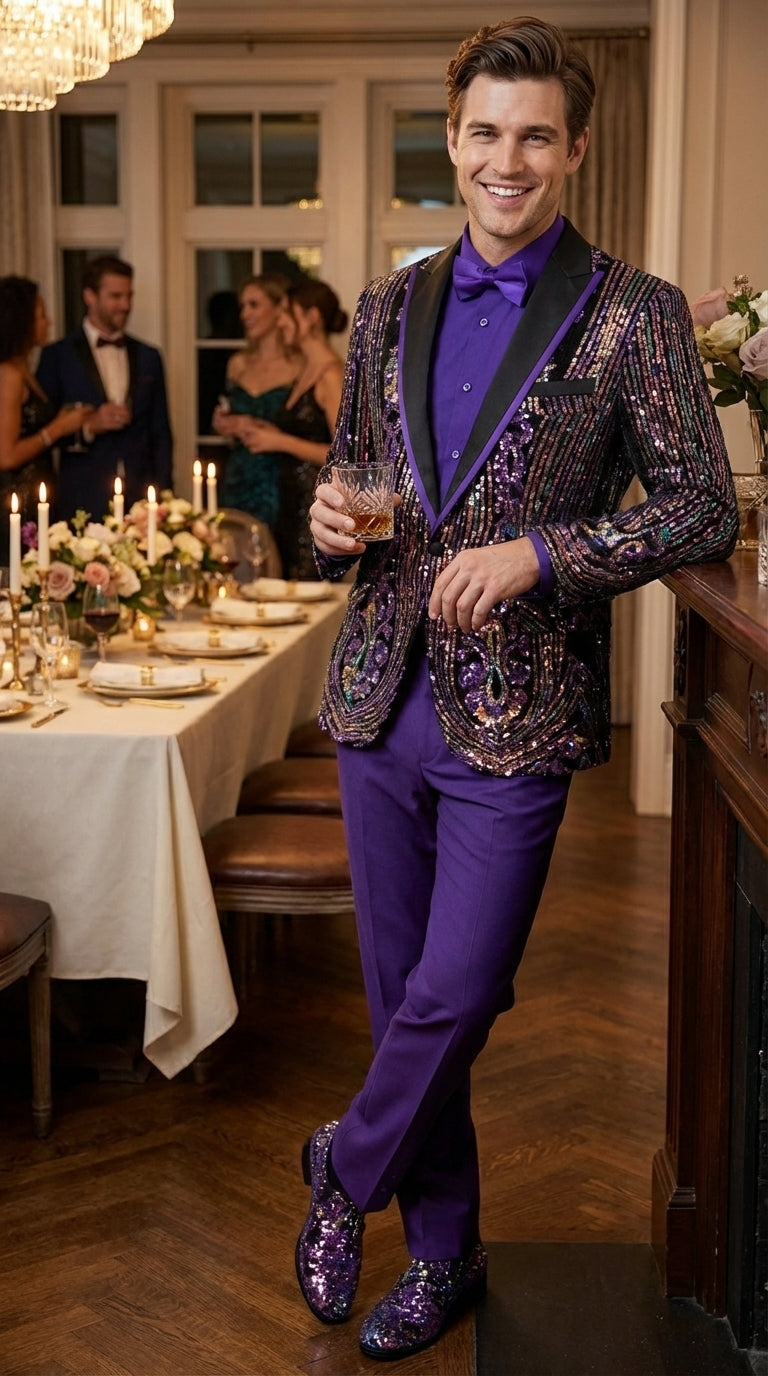 Mens Mardi Gra Black and Purple and Gold Sequin Tuxedo Jacket Set – Designer with Floral Pattern Jacket Formal Wedding Party Wear Bowtie