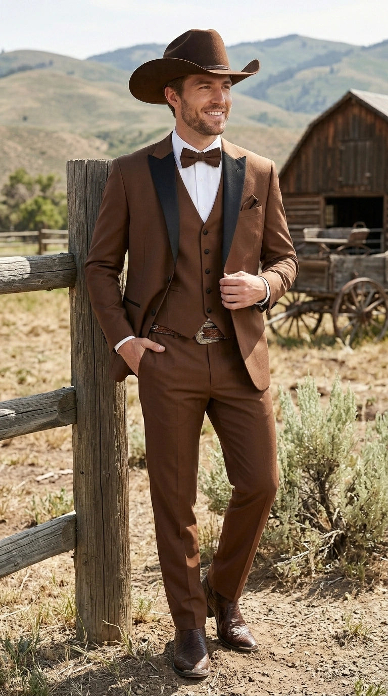 Men’s Light Brown Western Tuxedo 3 Piece Suit with Black Peak Collar Lapel, Country Look Cowboy Suit