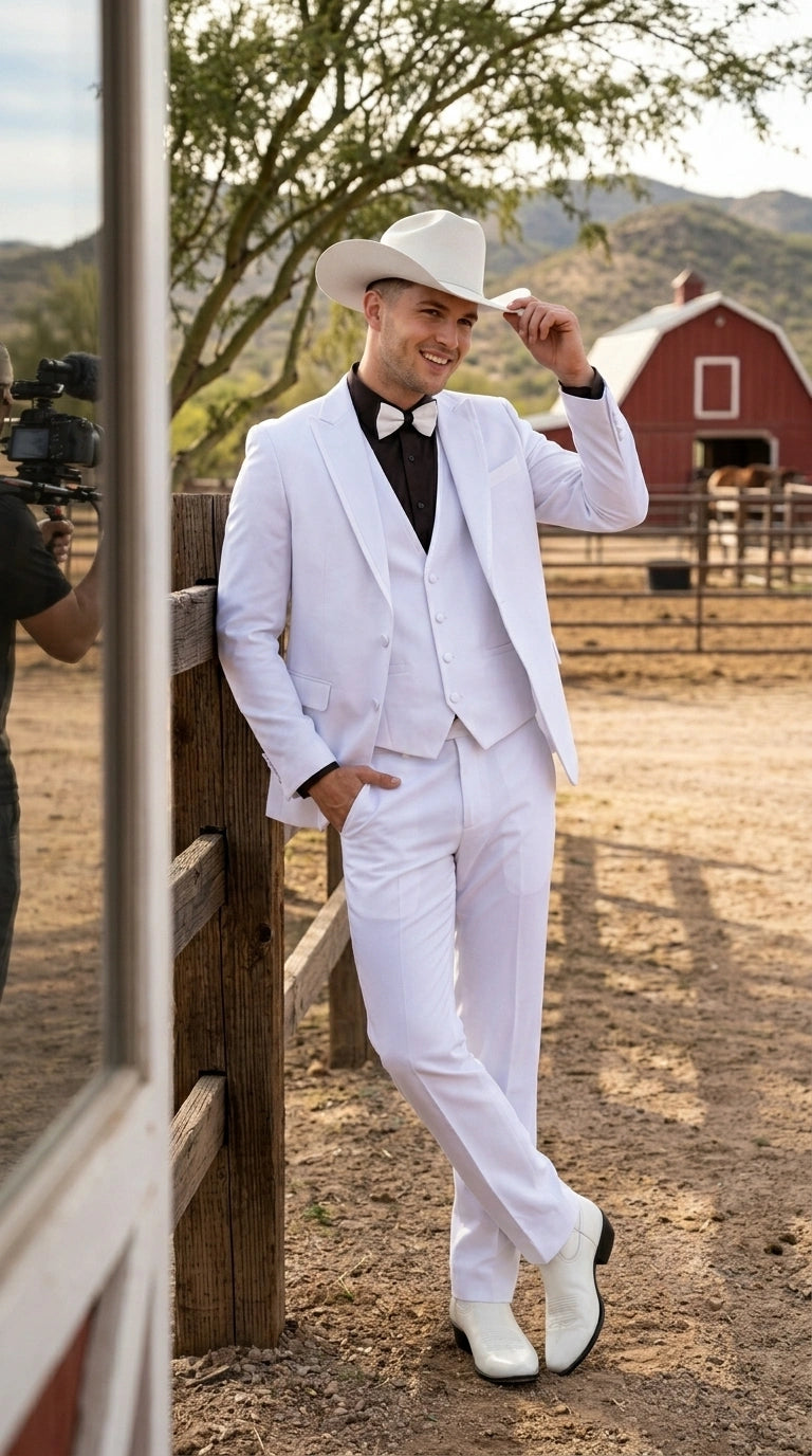Men’s White Western Cowboy 3 Piece Tuxedo Suit, Formal Wedding Prom Groom Suit Set