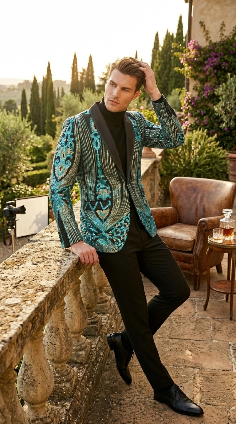 Men’s Black and Turquoise Blue With teal green Sequin Dinner Jacket, Formal Prom Wedding Paisley Floral Mardi Gra Pattern