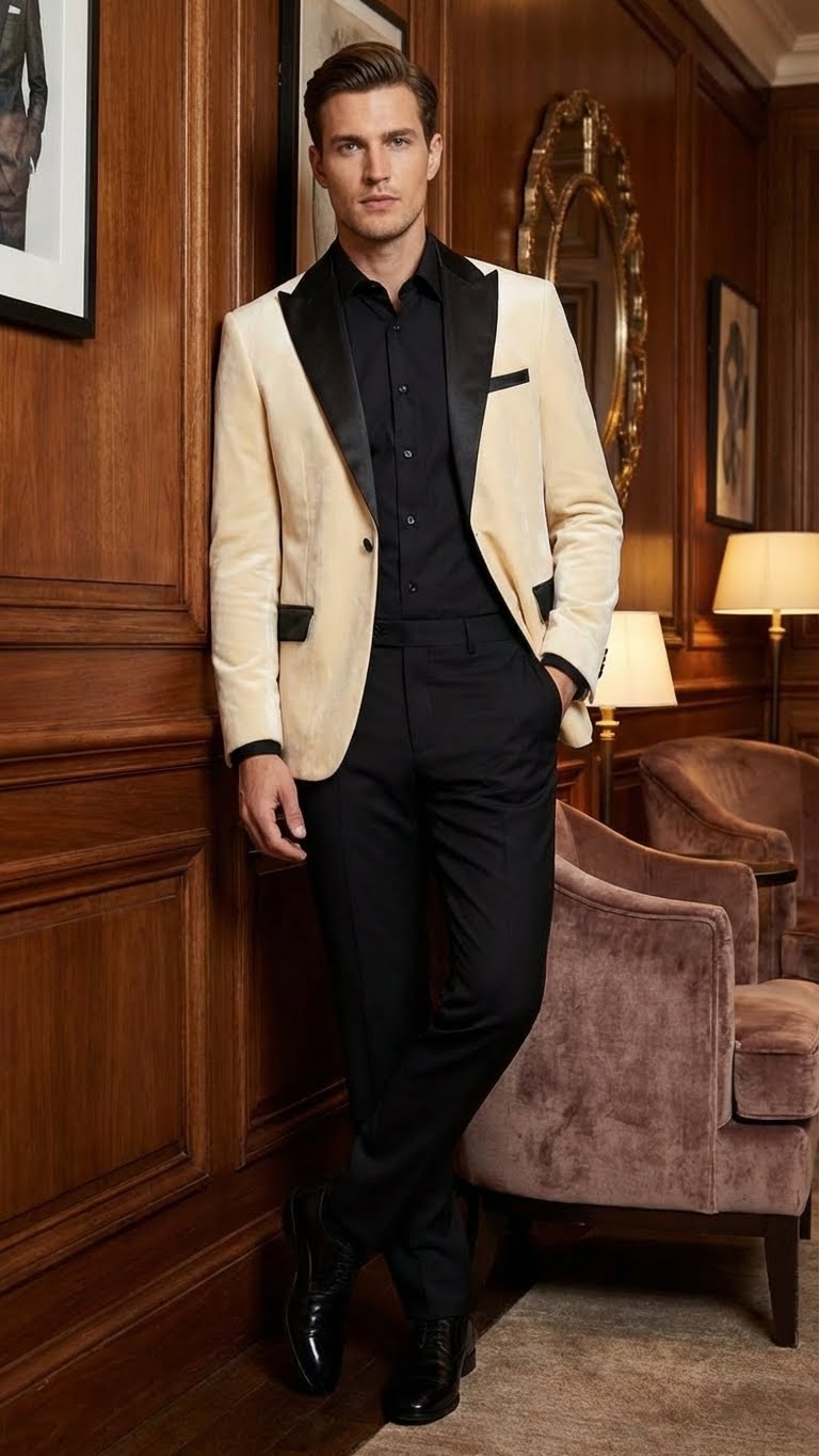 Ivory men's velvet dinner jacket with black satin lapel and pocket detail. Fitted shape, long sleeves.