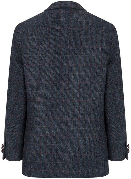Harris Tweed Blakemore blazer by Walker and Hawkes. Structured, notched collar, dark blue patterned fabric with subtle checks and maroon lines. Flat back, button cuffs.