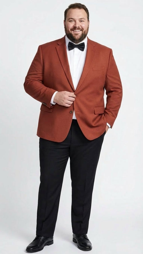 Alberto Nardoni men's rust blazer. Structured, single-breasted with notch lapels and chest pocket. Textured brick copper fabric, light button closure, side pockets, and a tailored, upright fit.