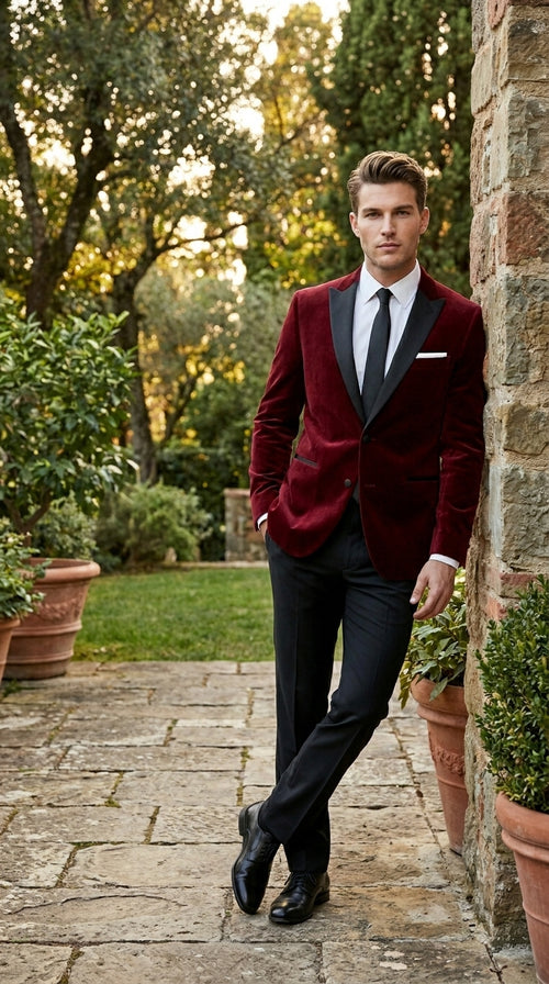 Velvet Velour Formal Sport Coat Two Tone Trimming Notch Collar Black and Burgundy ~ Maroon Suit ~ Wine Color Men's blazer Burgundy Tuxedo