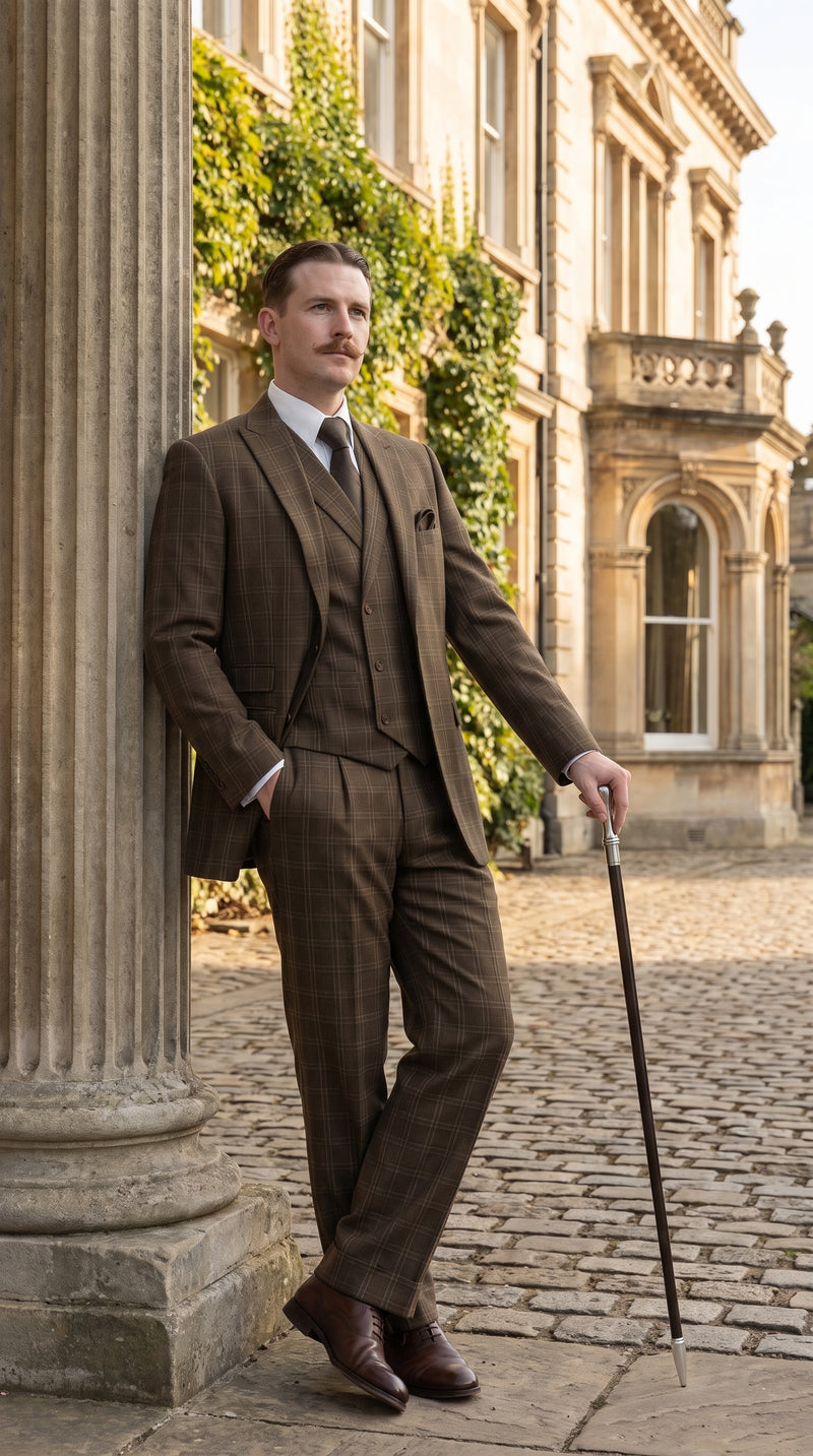 Men’s Edwardian Brown Plaid 3-Piece Suit – Vintage Double-Breasted Vest Wedding and Formal Suit