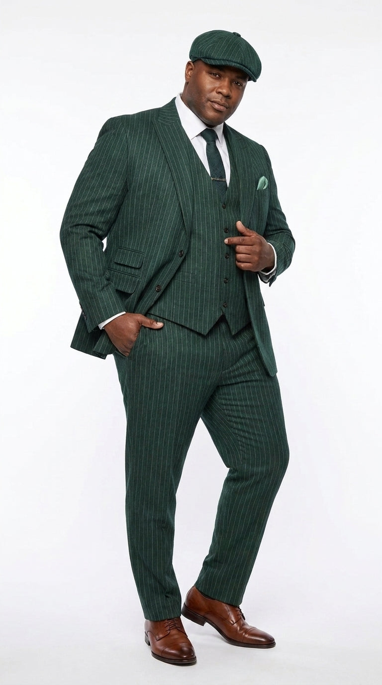 Men’s Hunter Green Pinstripe 3-Piece Suit – Vintage Wedding, Prom and Formal Suit with Matching Vest