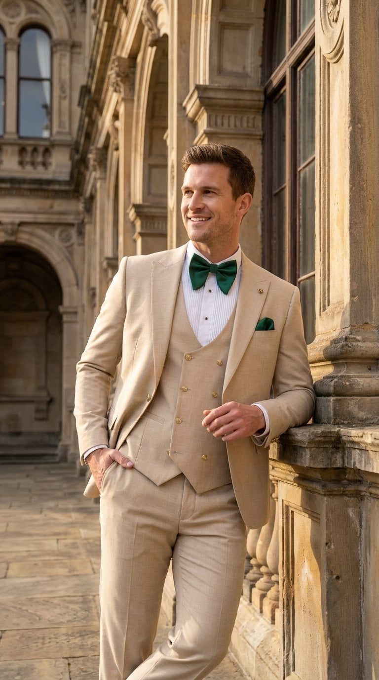 Men’s Khaki Tan 3-Piece Groomsmen Suit – Wedding Suit with Double-Breasted Vest and Pants Great Gatsby Style Gold buttons