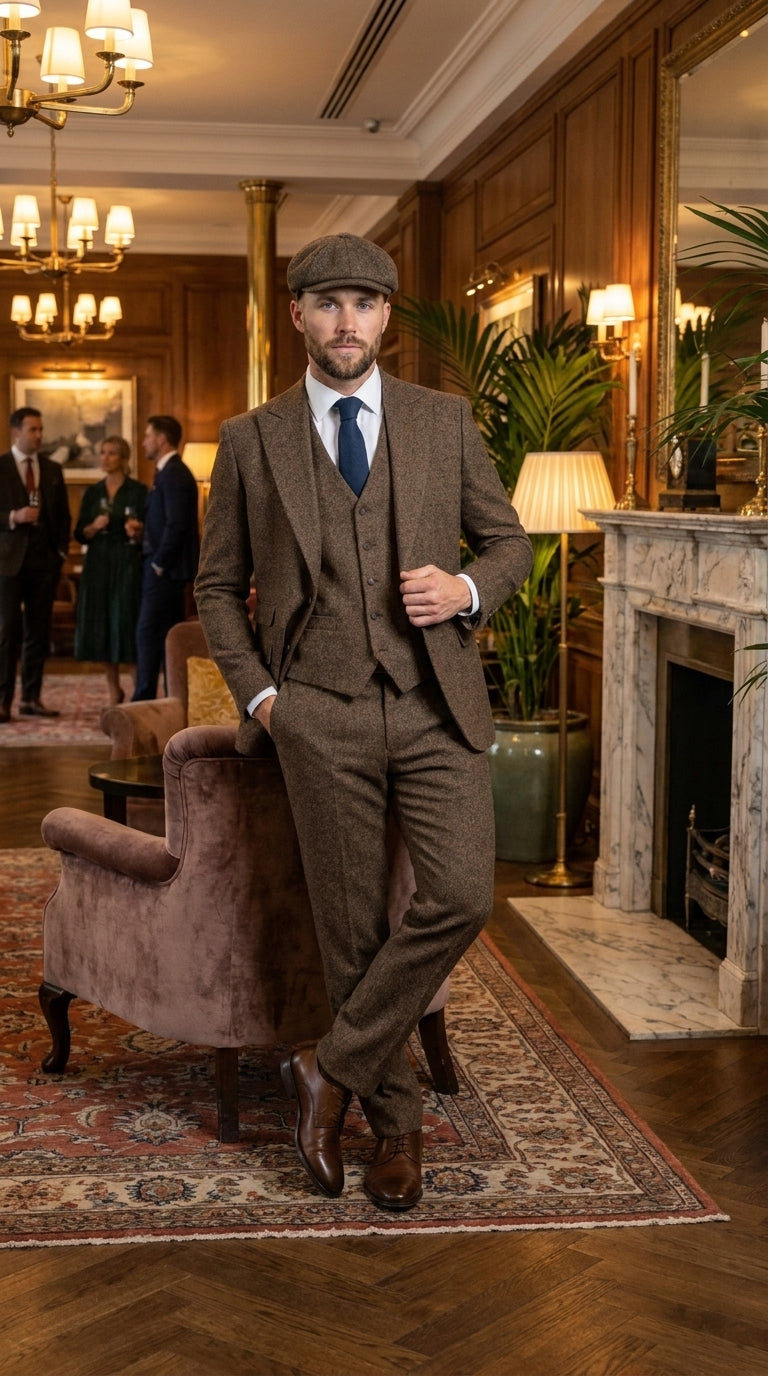 Peaky Blinder Men’s Brown Tweed 3-Piece Suit – Vintage Wedding, Business and Formal Suit with Matching Vest and Pants