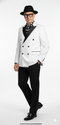 Modern slim-fit men's tuxedo. White double-breasted jacket with black lapels & buttons, paired with black trousers. Classic design.