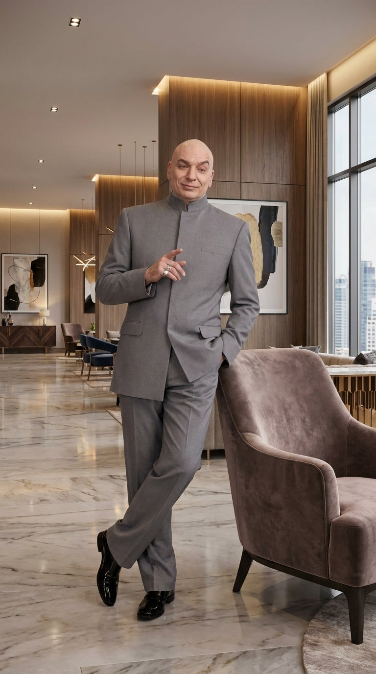 Men's Light Gray Austin Powers Dr. Evil Inspired Suit – Mandarin Collar 2 Piece Costume Suit for Halloween, Cosplay & Themed Parties